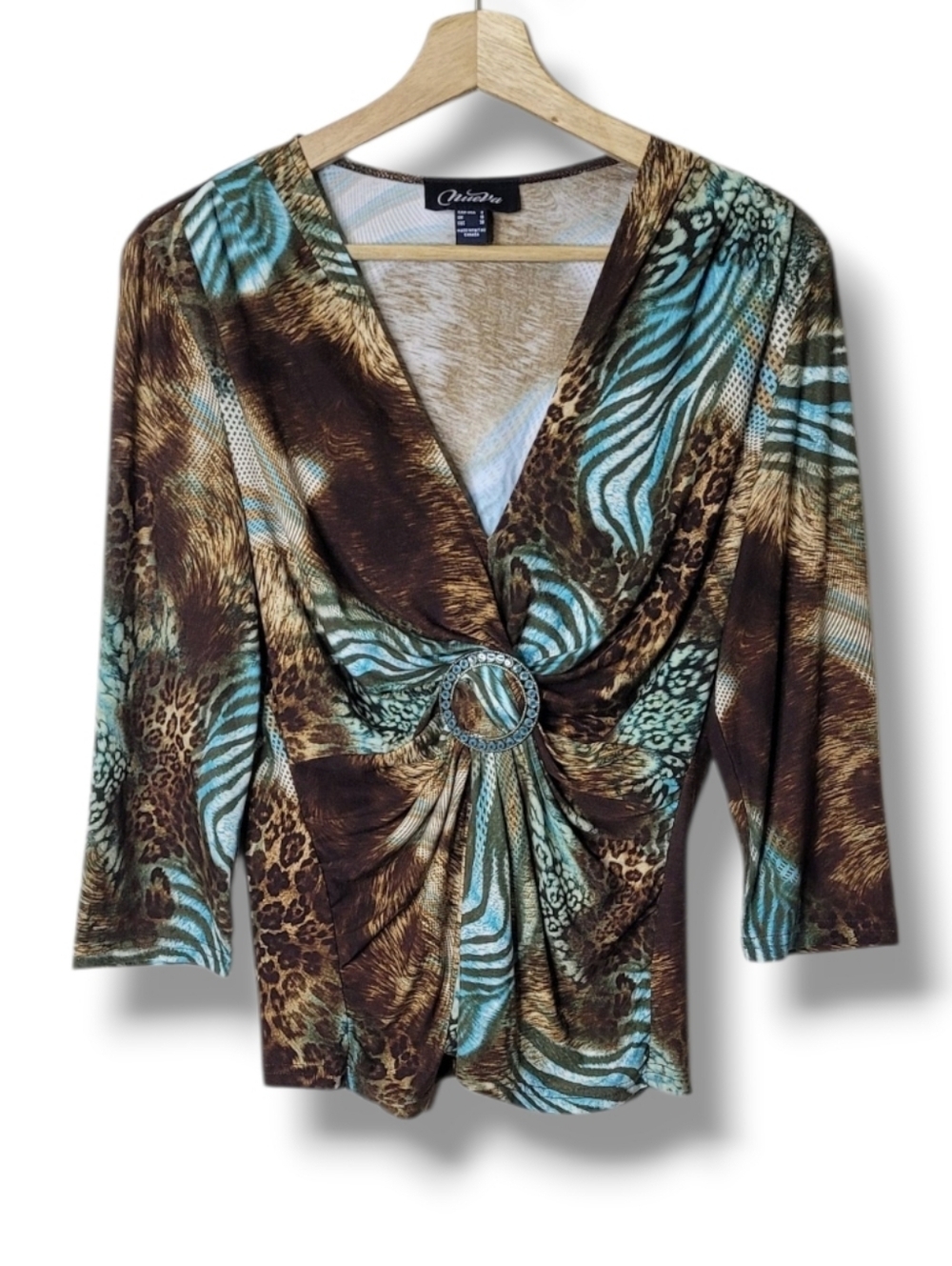 Nueva Brown & Blue Animal Print Top Turquoise Medallion 90s